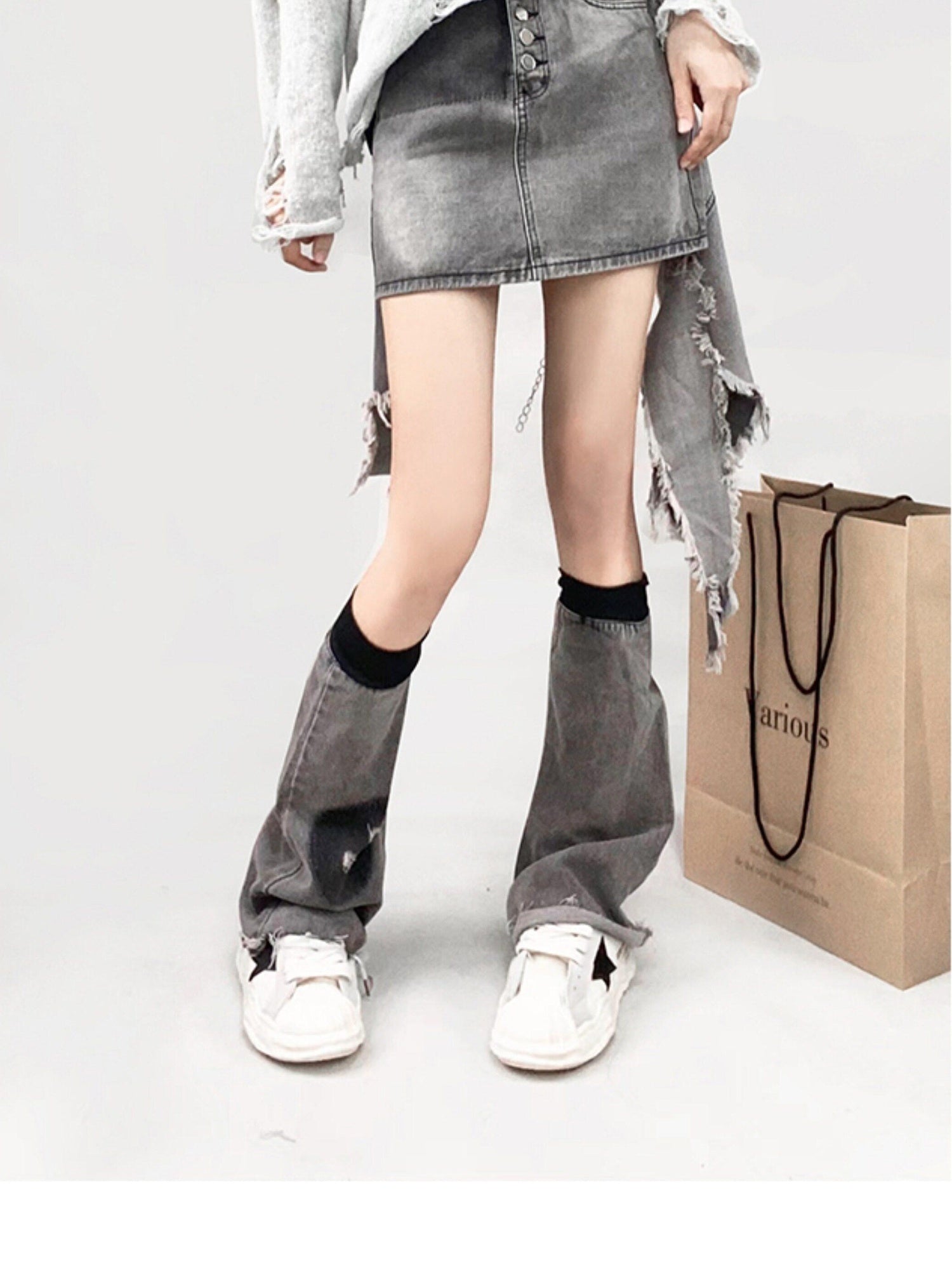 ReddaChic High Waist Denim Asymmetric Distressed Tie Ruffle Fringe Street A Line Maxi Skirts