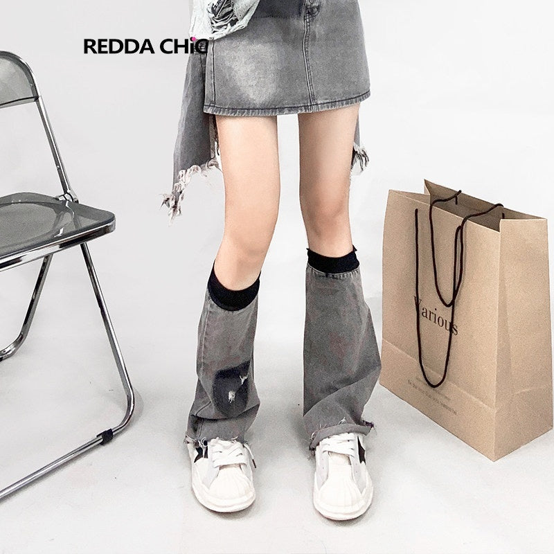 ReddaChic_High_Waist_Denim_Ruffle_Pocket_Street_Style_Gray_A_Line_Skirt_Leg_Warmers_MISSTT