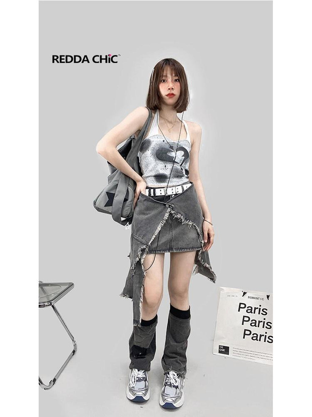 ReddaChic High Waist Denim Ruffle Pocket Street Style Gray A Line Skirt Leg Warmers