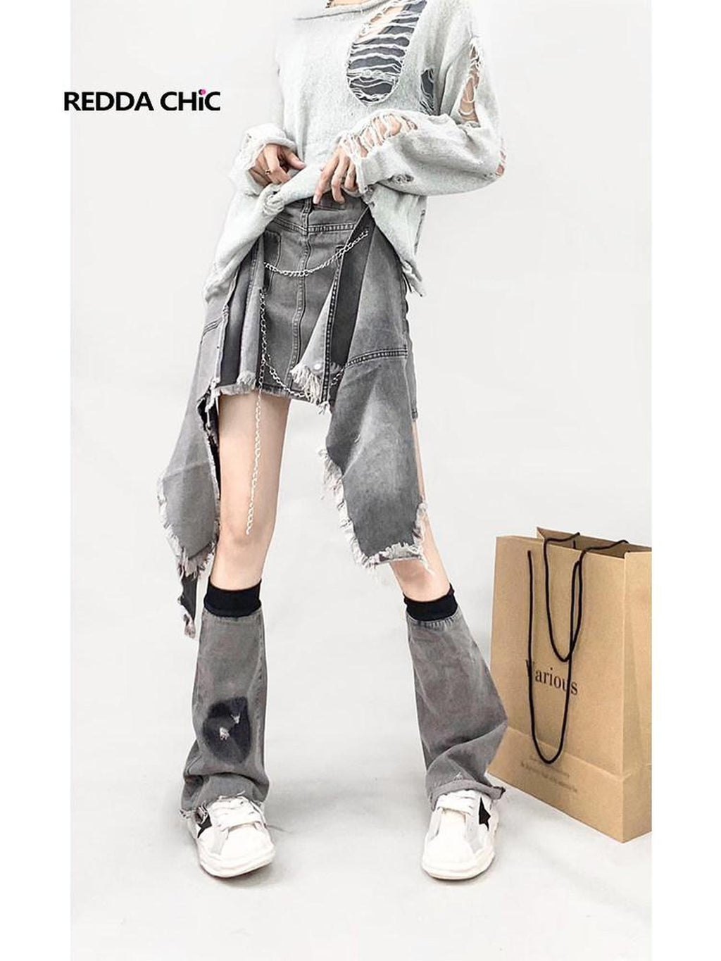 ReddaChic High Waist Denim Ruffle Pocket Street Style Gray A Line Skirt Leg Warmers