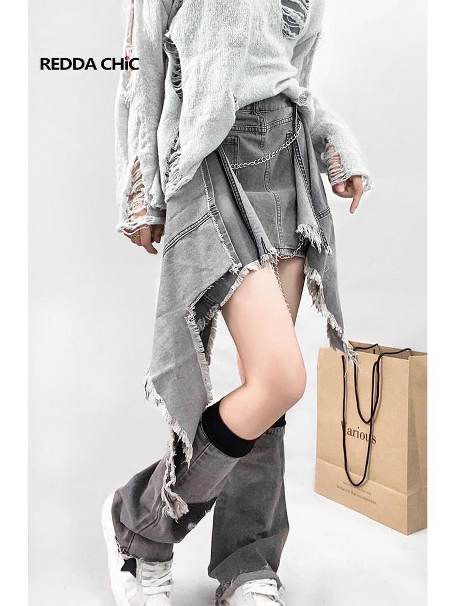 ReddaChic High Waist Denim Ruffle Pocket Street Style Gray A Line Skirt Leg Warmers