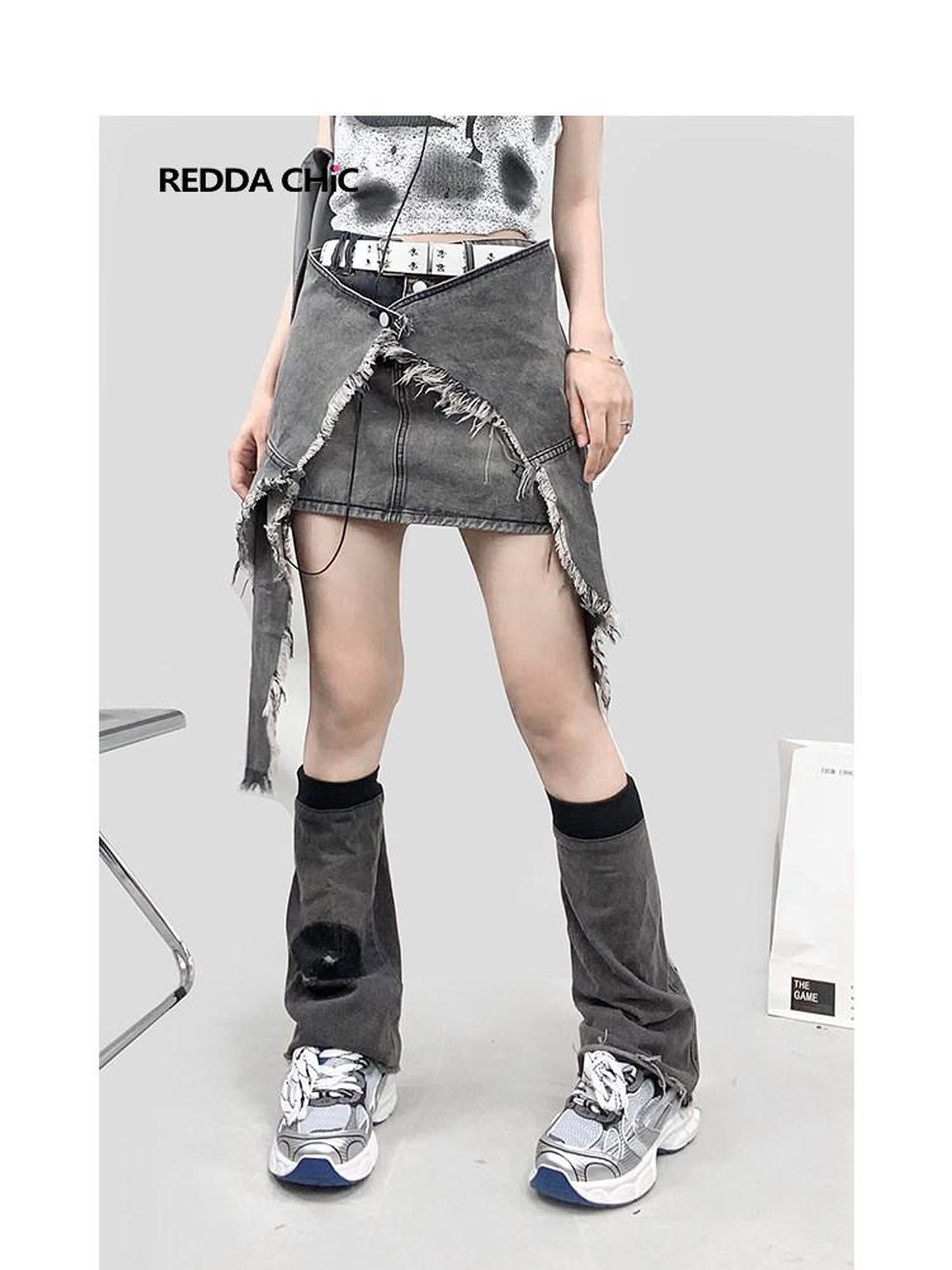ReddaChic High Waist Denim Ruffle Pocket Street Style Gray A Line Skirt Leg Warmers