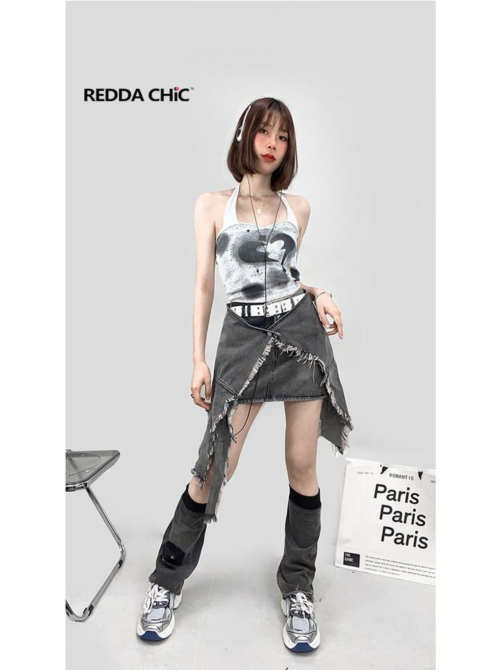 ReddaChic High Waist Denim Ruffle Pocket Street Style Gray A Line Skirt Leg Warmers