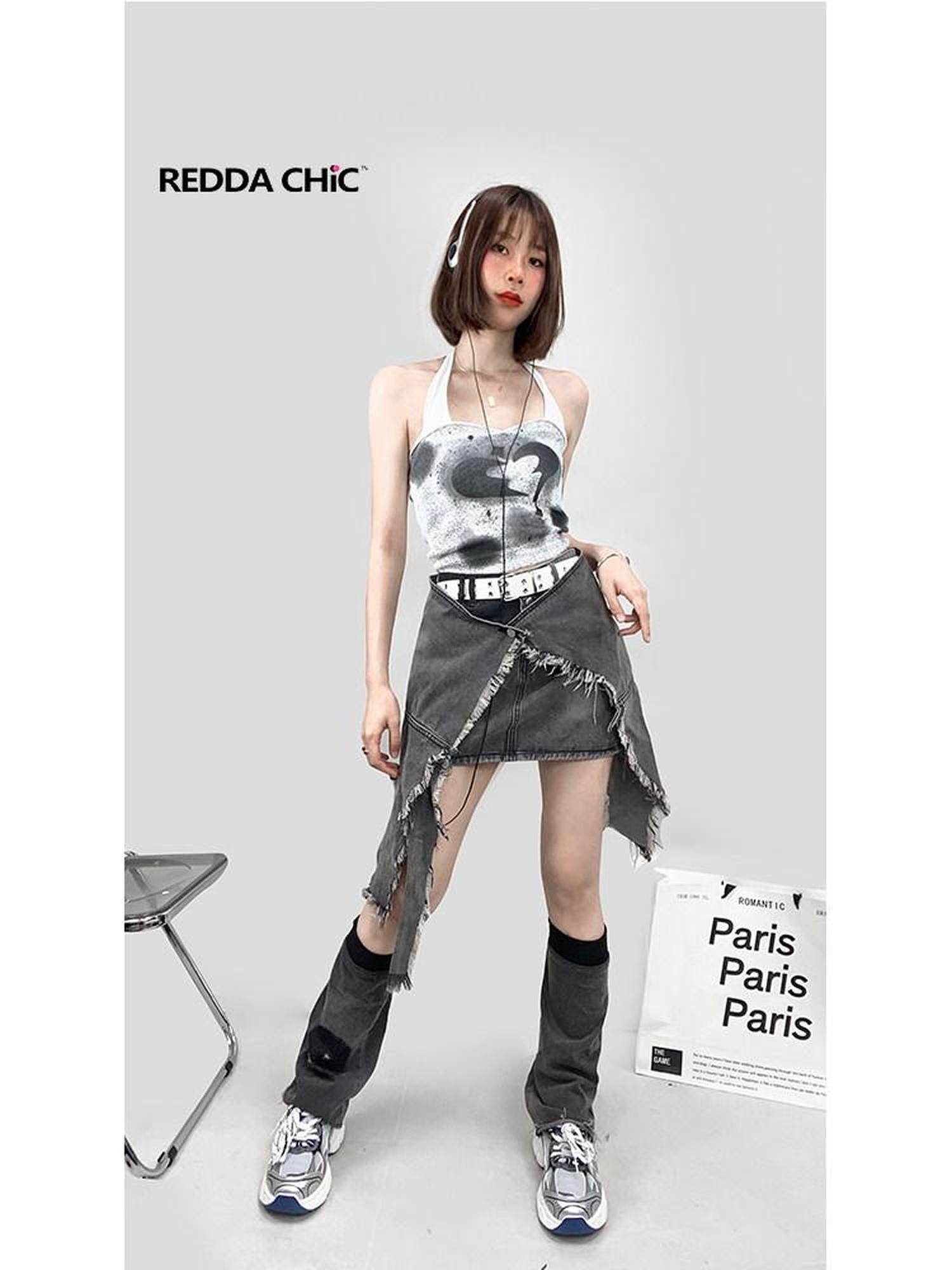 ReddaChic High Waist Denim Ruffle Pocket Street Style Gray A Line Skirt Leg Warmers