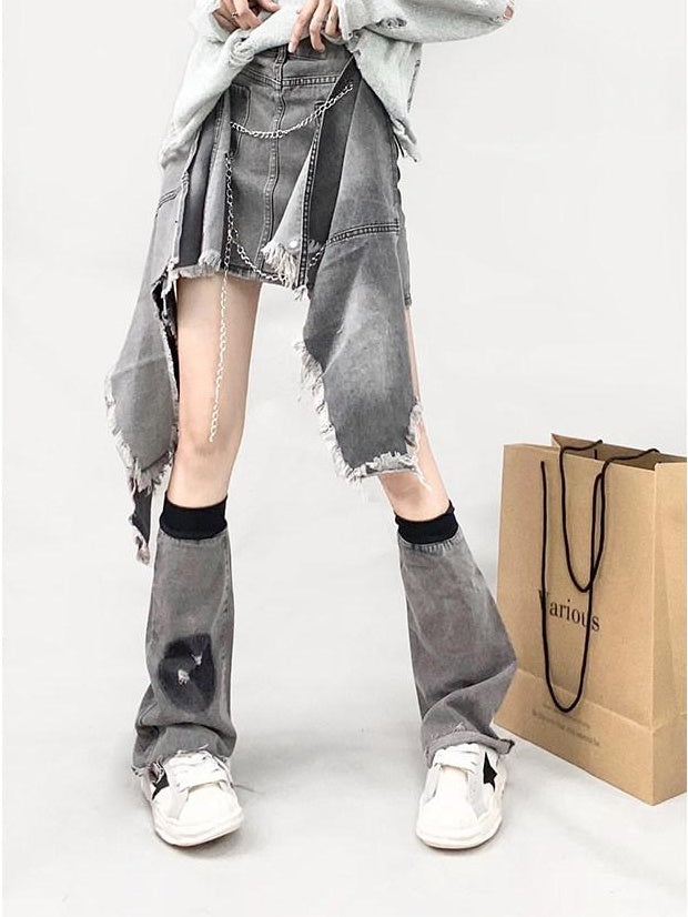 ReddaChic High Waist Denim Ruffle Pocket Street Style Gray A Line Skirt Leg Warmers