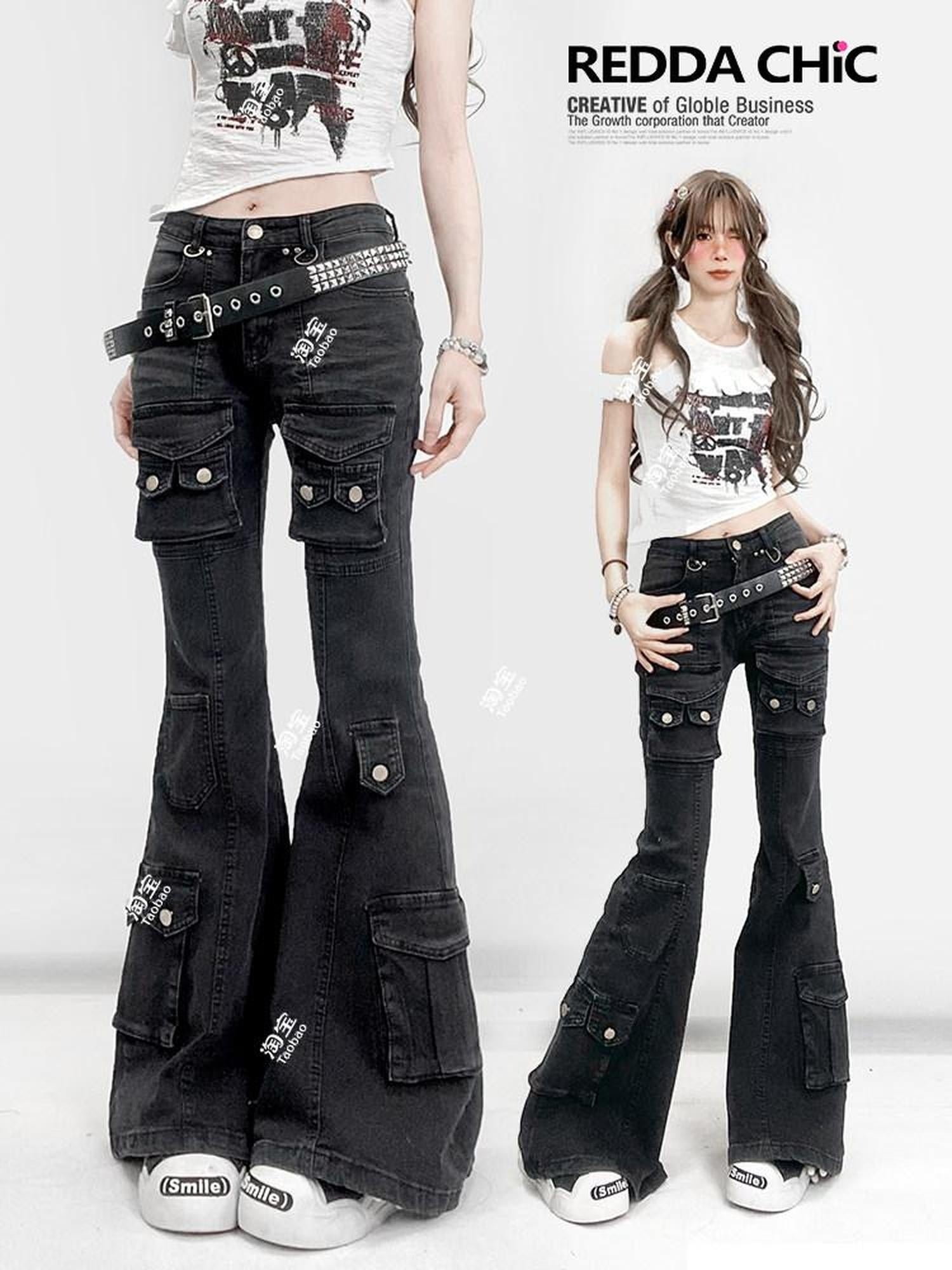 ReddaChic High Waist Durable Cotton Denim Casual Wide Leg Slim Fit Black Gray Flare Jeans