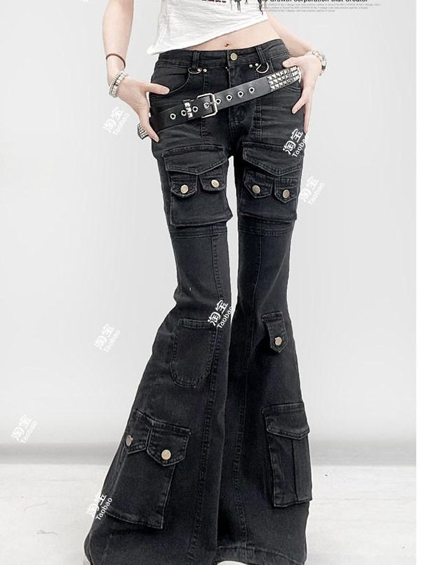 ReddaChic High Waist Durable Cotton Denim Casual Wide Leg Slim Fit Black Gray Flare Jeans