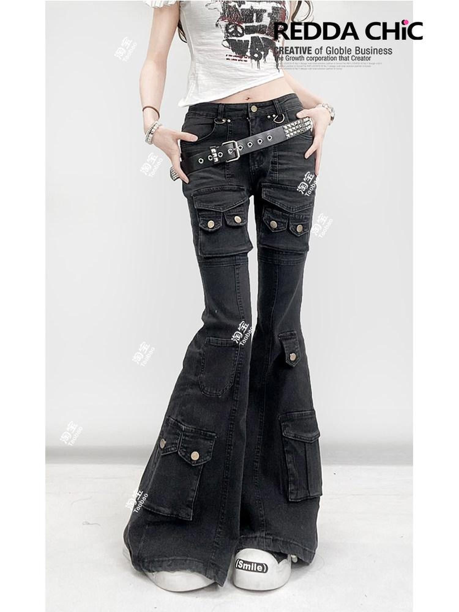 ReddaChic High Waist Durable Cotton Denim Casual Wide Leg Slim Fit Black Gray Flare Jeans