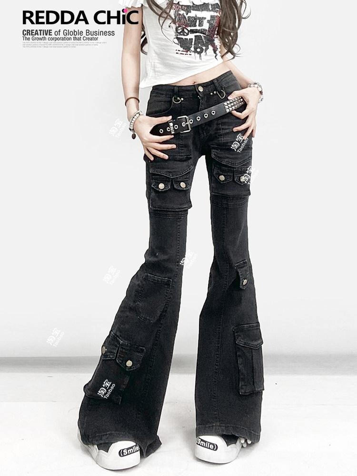 ReddaChic High Waist Durable Cotton Denim Casual Wide Leg Slim Fit Black Gray Flare Jeans