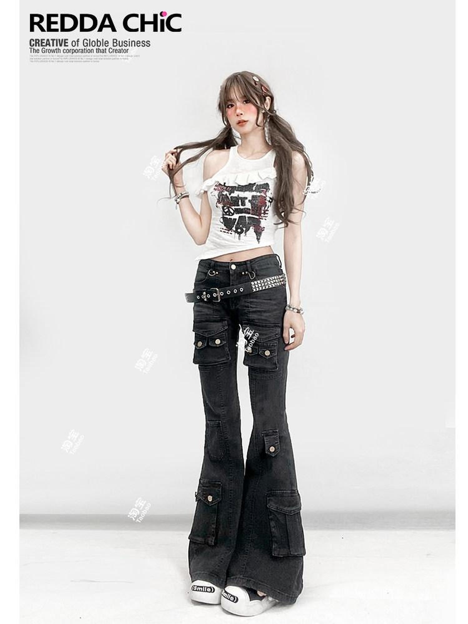 ReddaChic High Waist Durable Cotton Denim Casual Wide Leg Slim Fit Black Gray Flare Jeans