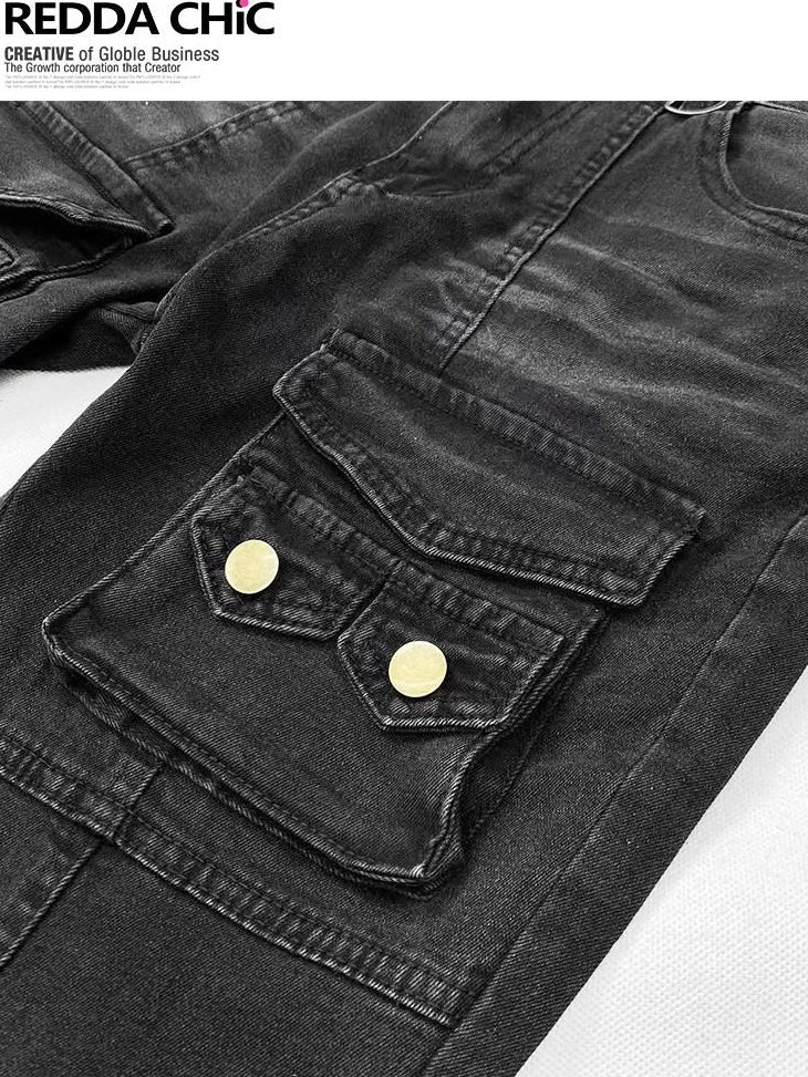 ReddaChic High Waist Durable Cotton Denim Casual Wide Leg Slim Fit Black Gray Flare Jeans