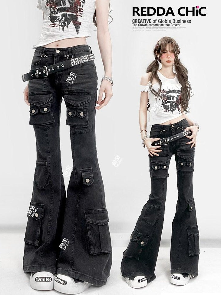 ReddaChic High Waist Durable Cotton Denim Casual Wide Leg Slim Fit Black Gray Flare Jeans