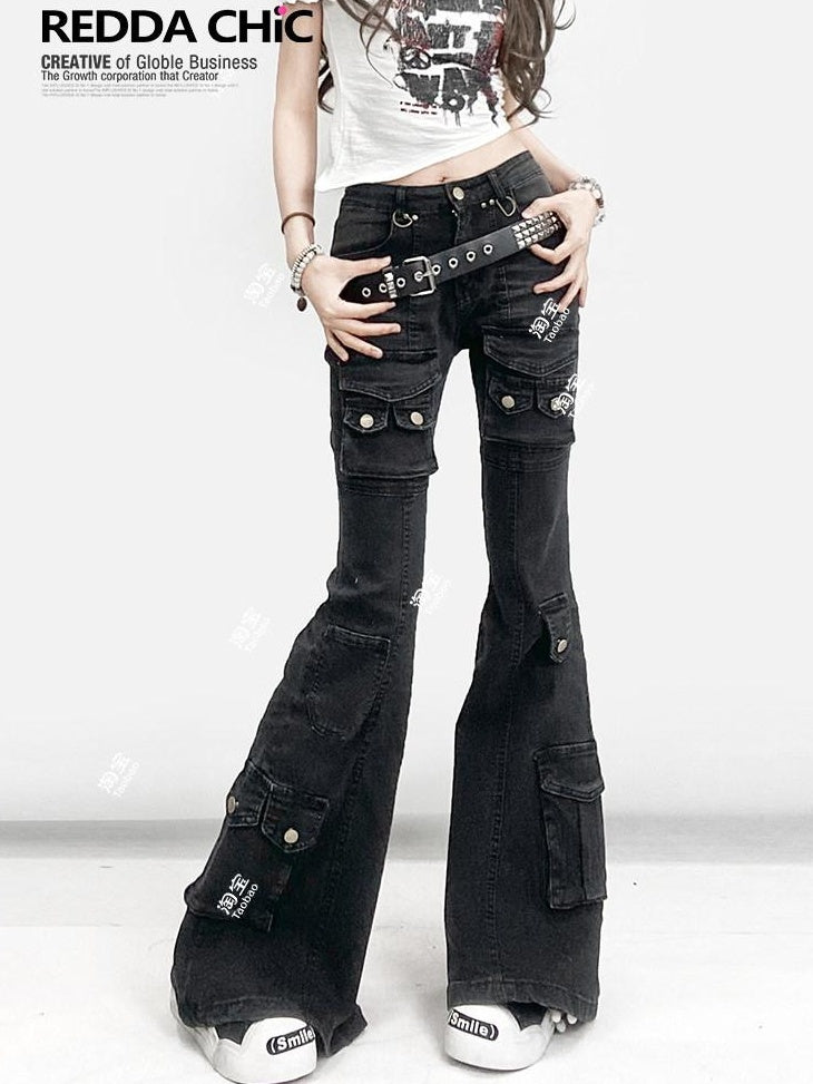 ReddaChic High Waist Durable Cotton Denim Casual Wide Leg Slim Fit Black Gray Flare Jeans