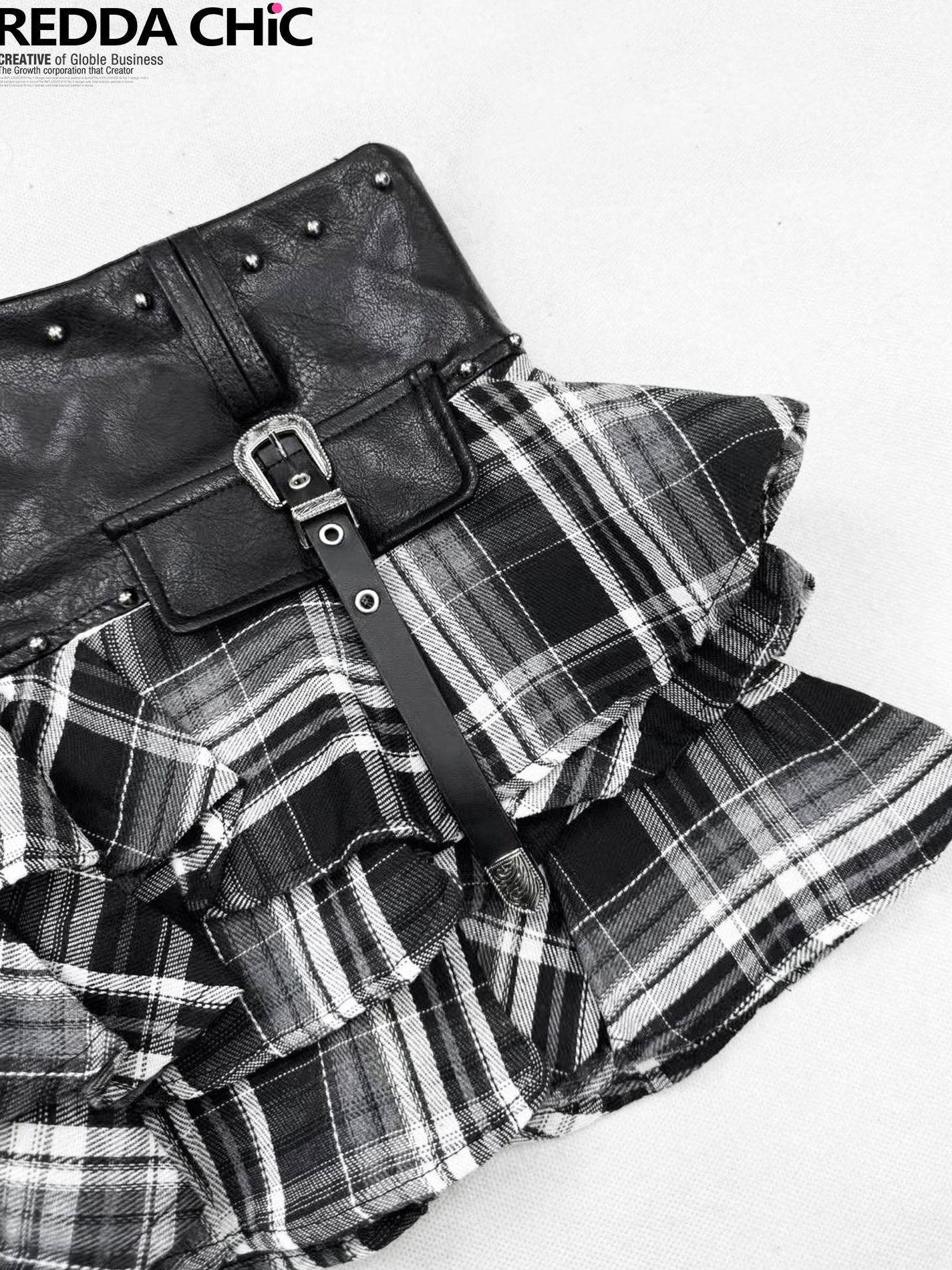 ReddaChic High Waist Faux Leather Panelled Tiered Ruffle Slim Fit Women Mini Skirts