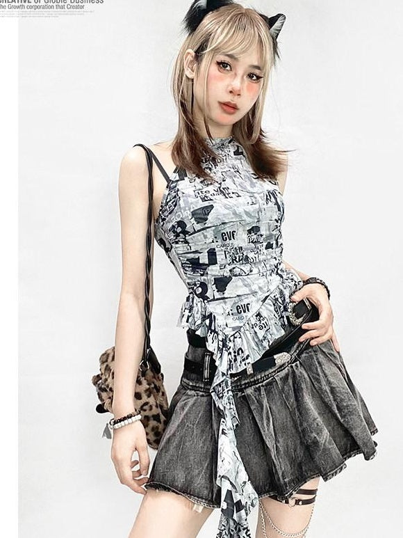 ReddaChic High Waist Floral Pleated Street Style Women Black Mini Casual Denim Shorts