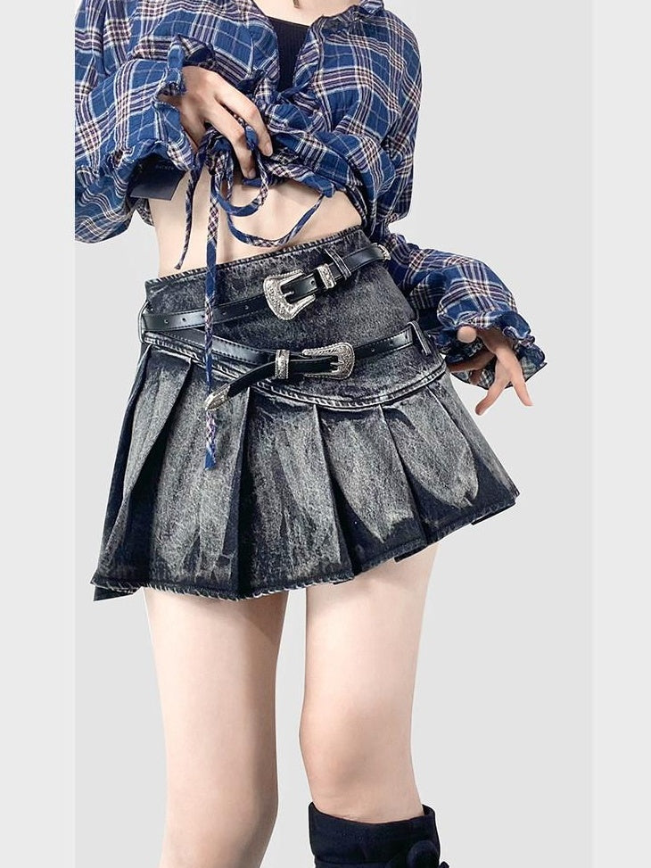 ReddaChic High Waist Floral Pleated Street Style Women Black Mini Casual Denim Shorts