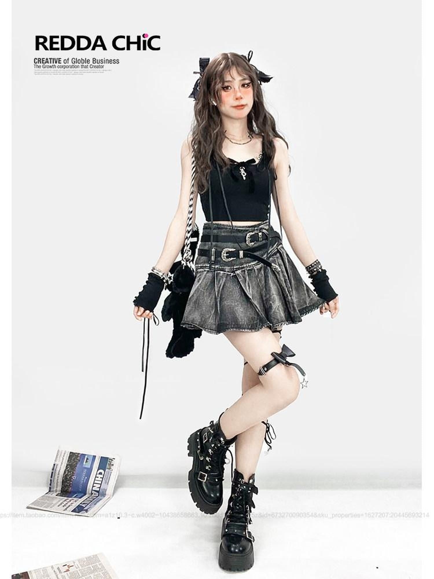 ReddaChic High Waist Floral Pleated Street Style Women Black Mini Casual Denim Shorts