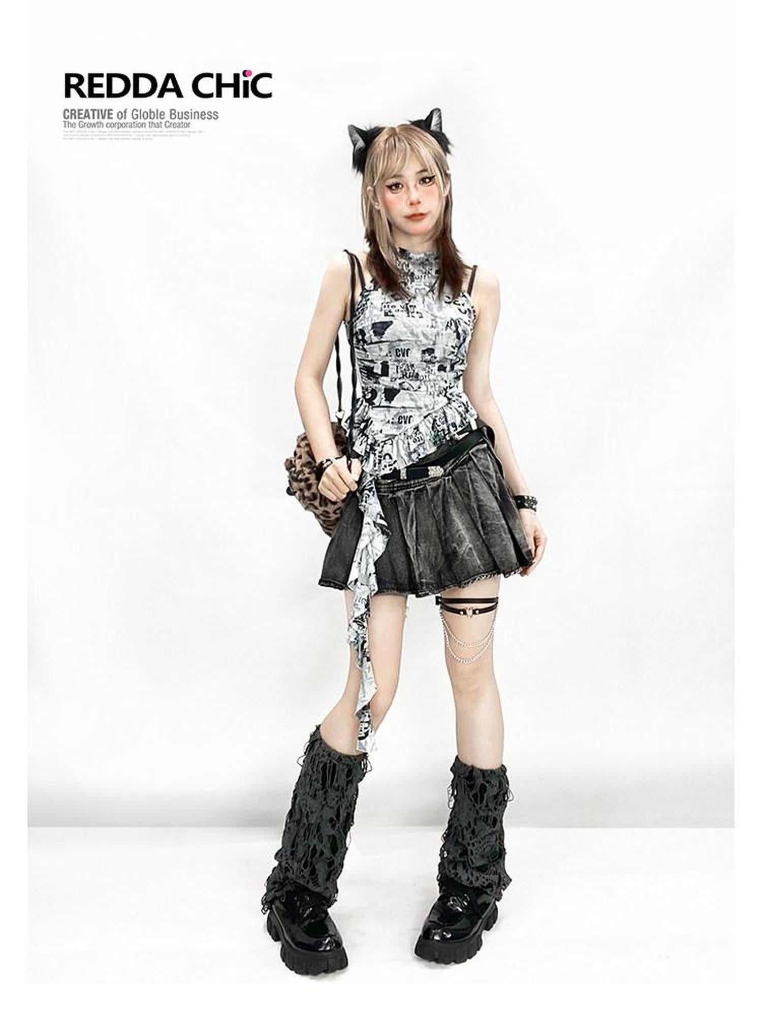 ReddaChic High Waist Floral Pleated Street Style Women Black Mini Casual Denim Shorts