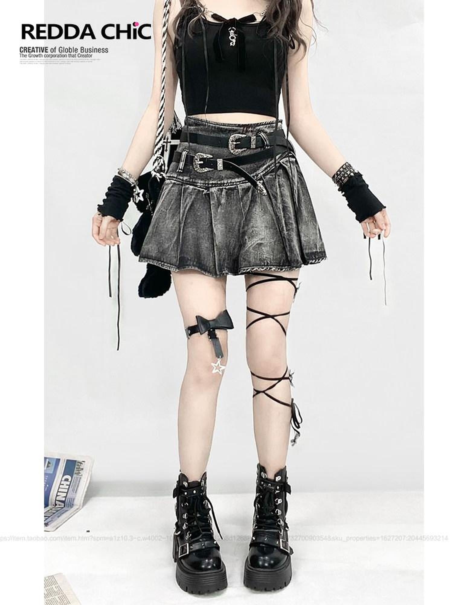 ReddaChic High Waist Floral Pleated Street Style Women Black Mini Casual Denim Shorts