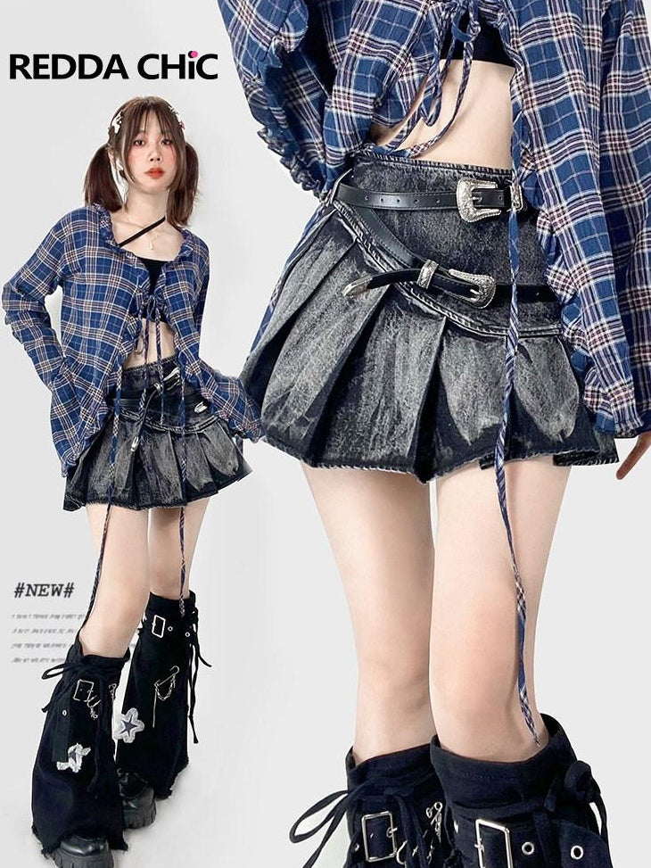 ReddaChic High Waist Floral Pleated Street Style Women Black Mini Casual Denim Shorts