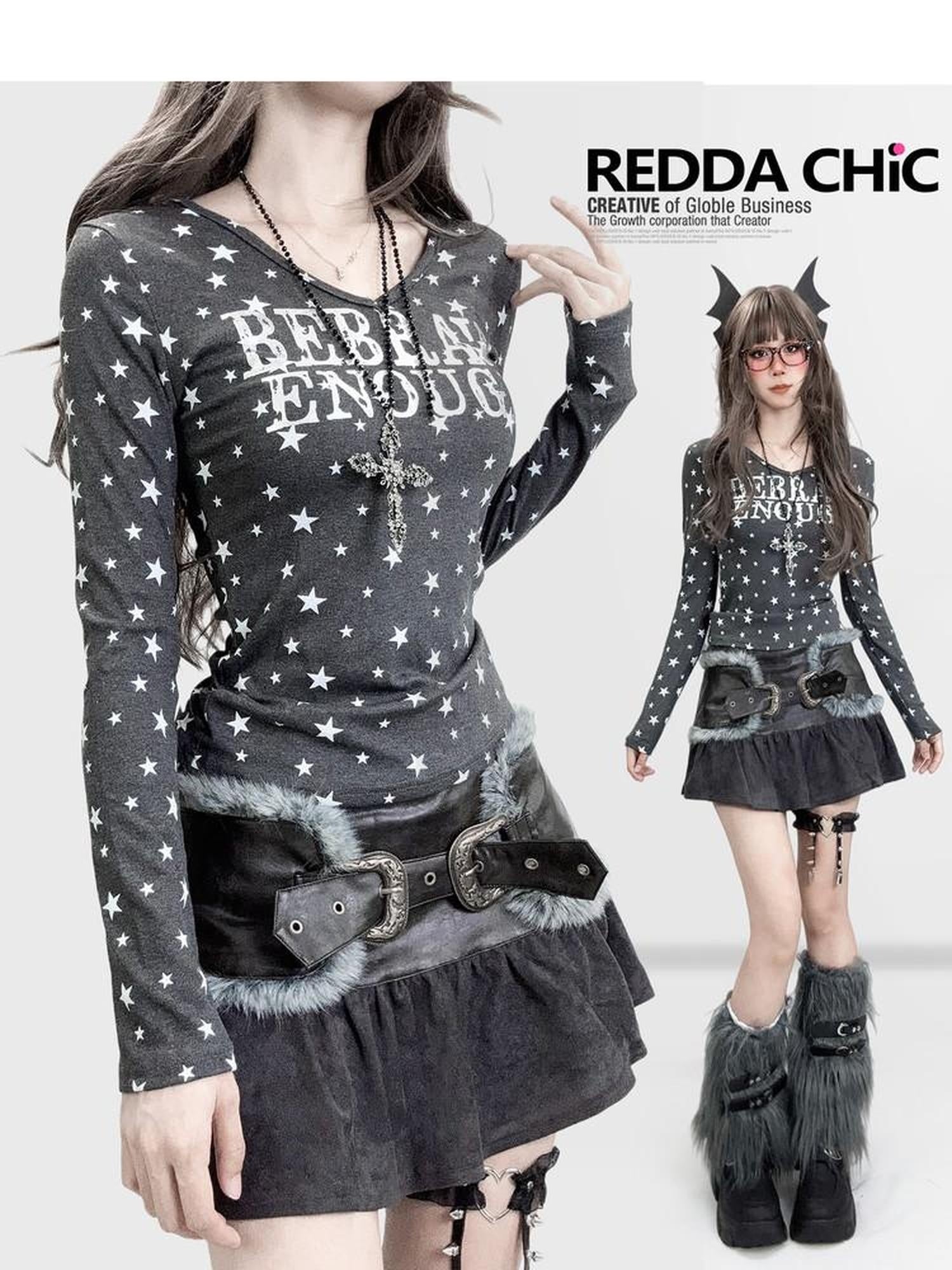 ReddaChic High Waist Gothic Letter Print Cinched Waist Women Black Grey Wide-Leg Jeans