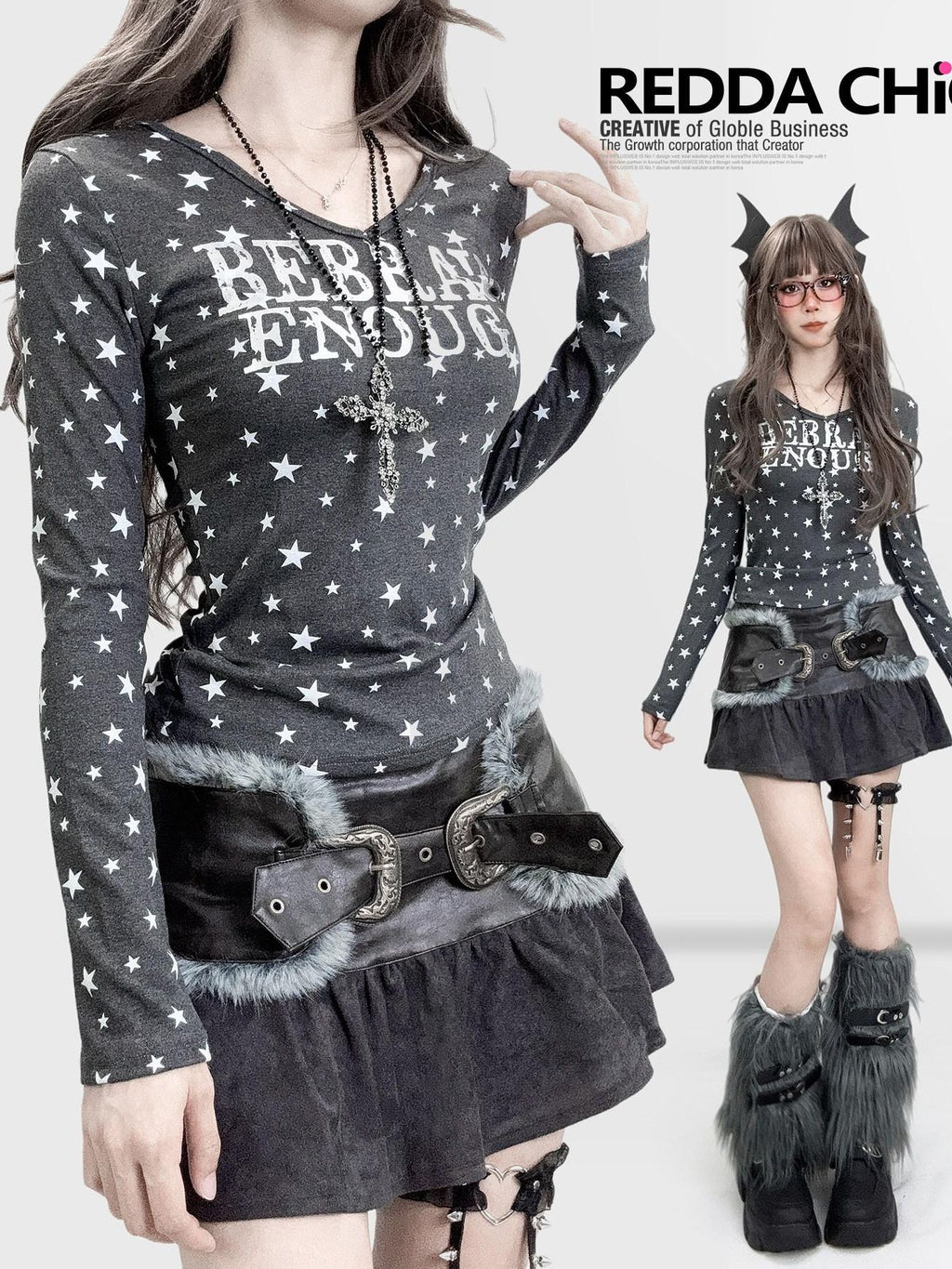 ReddaChic High Waist Gothic Letter Print Cinched Waist Women Black Grey Wide-Leg Jeans