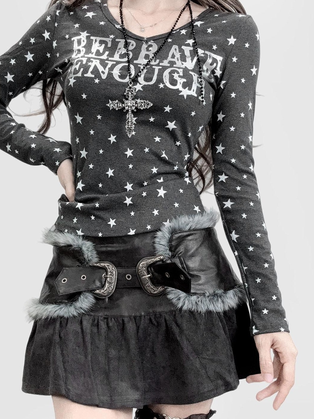 ReddaChic High Waist Gothic Letter Print Cinched Waist Women Black Grey Wide-Leg Jeans