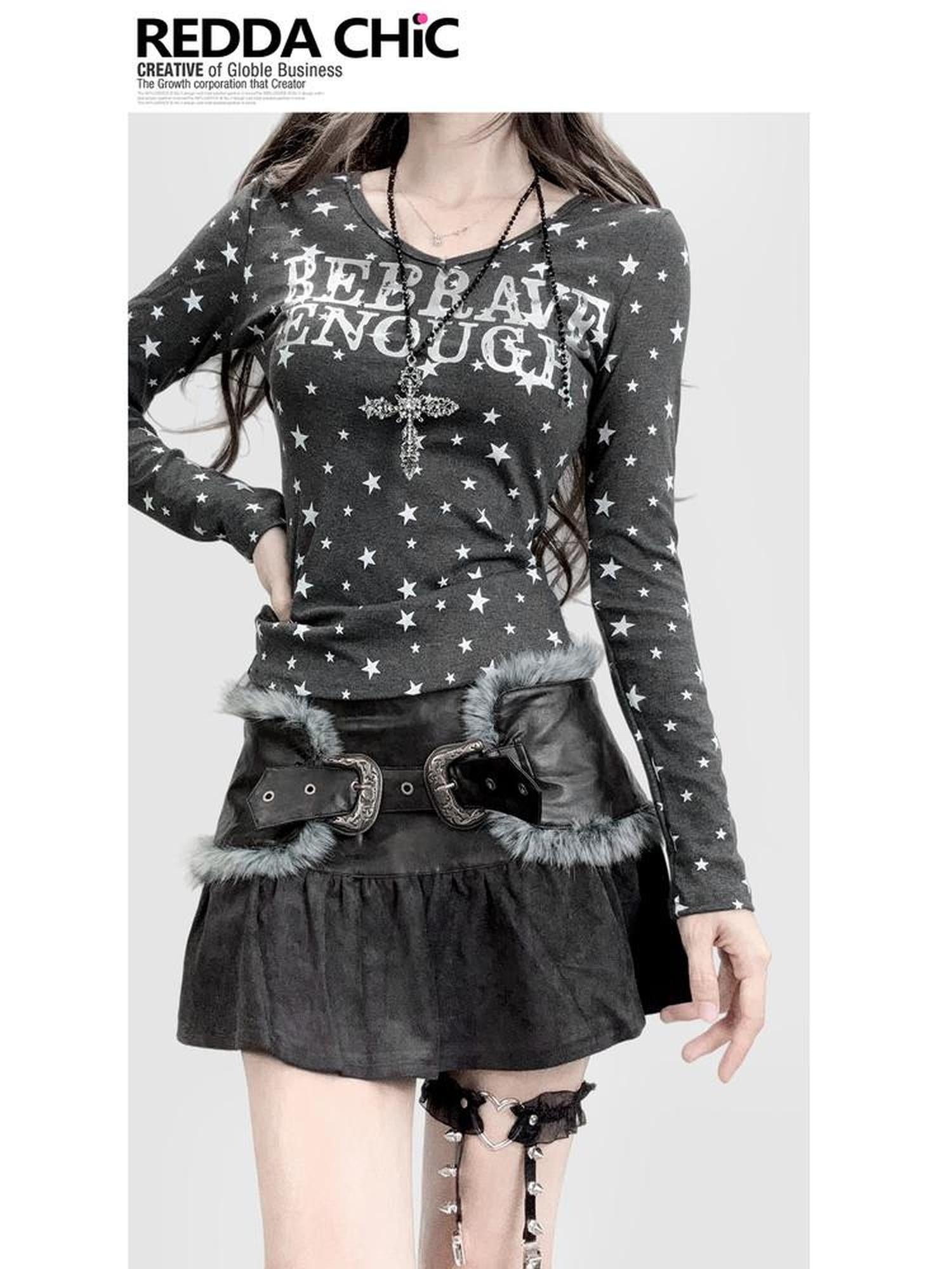 ReddaChic High Waist Gothic Letter Print Cinched Waist Women Black Grey Wide-Leg Jeans