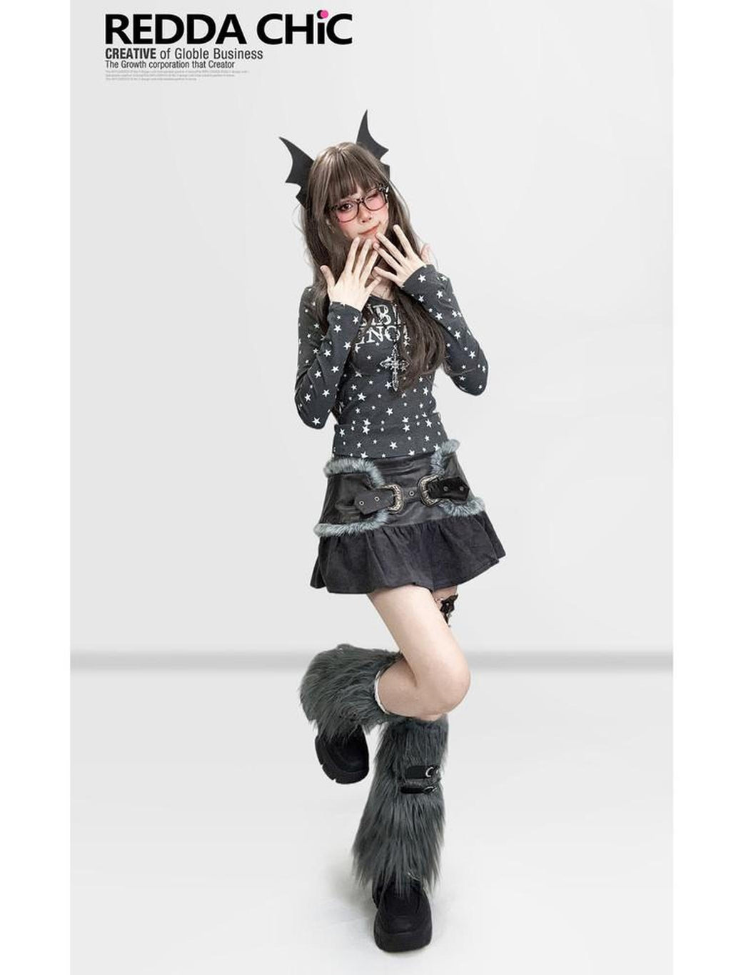 ReddaChic High Waist Gothic Letter Print Cinched Waist Women Black Grey Wide-Leg Jeans