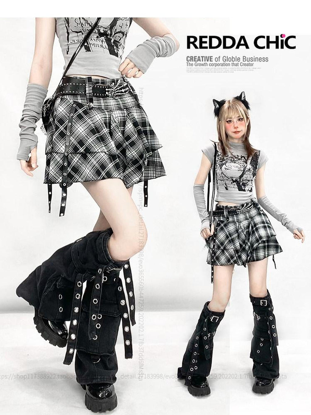 ReddaChic High Waist Plaid Asymmetrical A Line Workwear With Leg Warmers Slip Mini Dresses