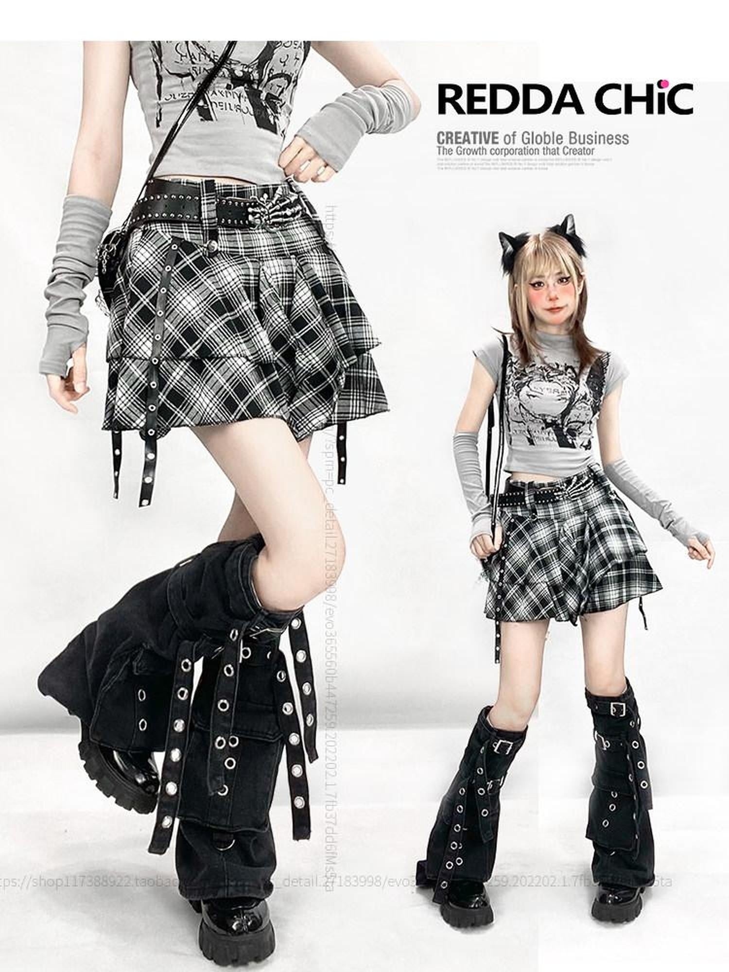 ReddaChic High Waist Plaid Asymmetrical A Line Workwear With Leg Warmers Slip Mini Dresses