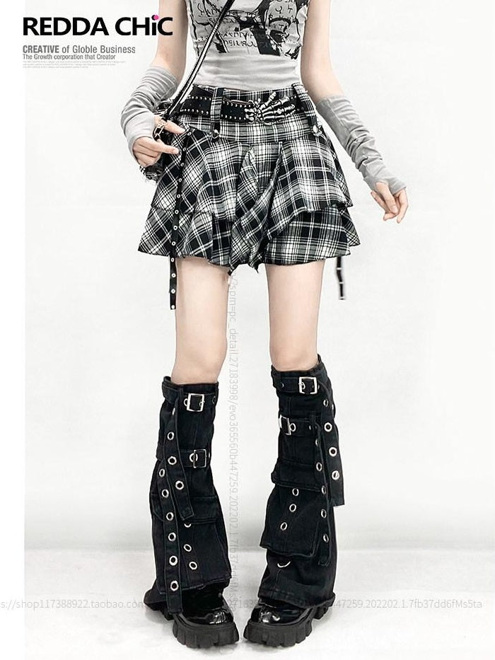 ReddaChic High Waist Plaid Asymmetrical A Line Workwear With Leg Warmers Slip Mini Dresses