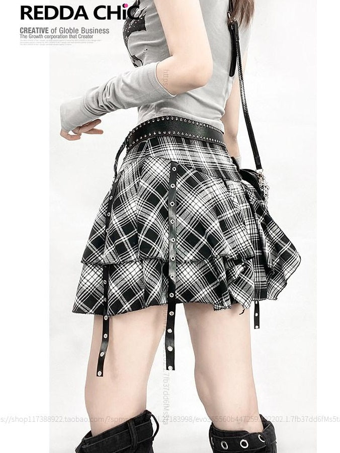 ReddaChic High Waist Plaid Asymmetrical A Line Workwear With Leg Warmers Slip Mini Dresses