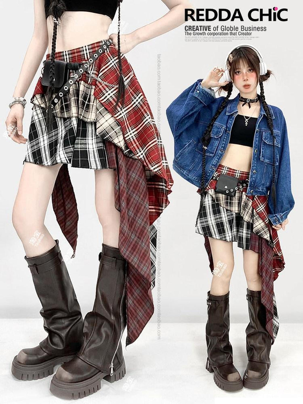 ReddaChic High Waist Street Asymmetrical Plaid Red S M L Casual Mini Dresses