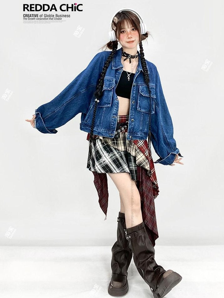 ReddaChic High Waist Street Asymmetrical Plaid Red S M L Casual Mini Dresses