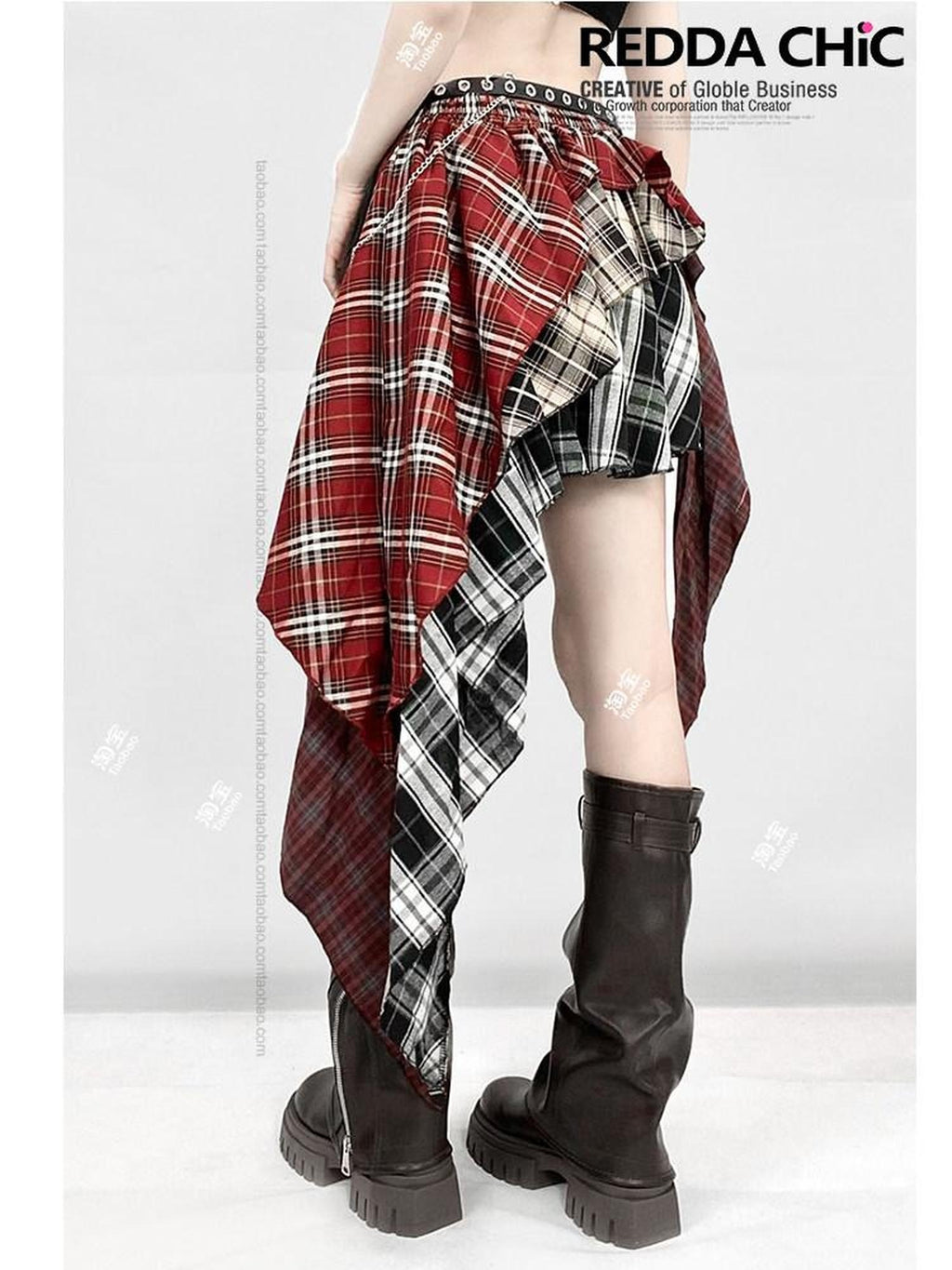 ReddaChic High Waist Street Asymmetrical Plaid Red S M L Casual Mini Dresses