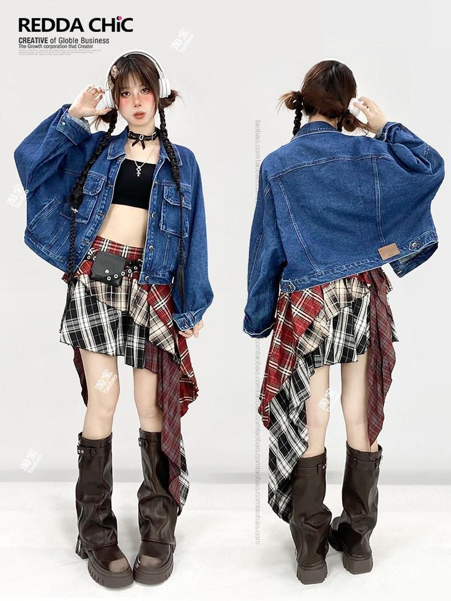 ReddaChic High Waist Street Asymmetrical Plaid Red S M L Casual Mini Dresses