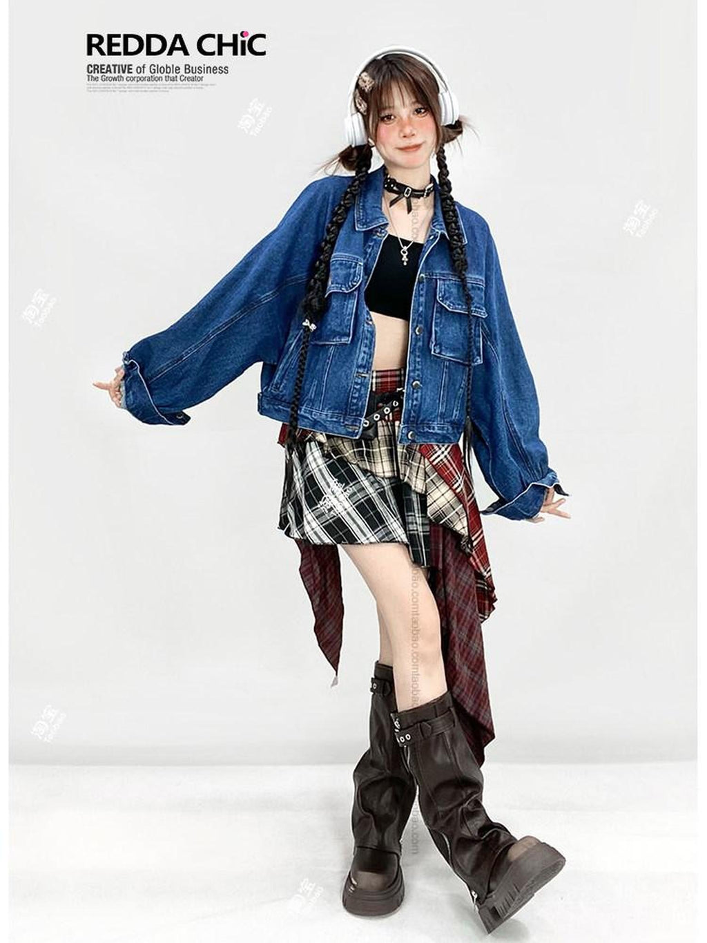 ReddaChic High Waist Street Asymmetrical Plaid Red S M L Casual Mini Dresses