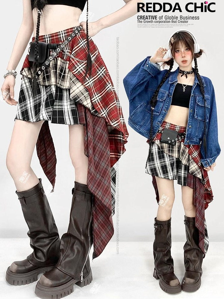 ReddaChic High Waist Street Asymmetrical Plaid Red S M L Casual Mini Dresses