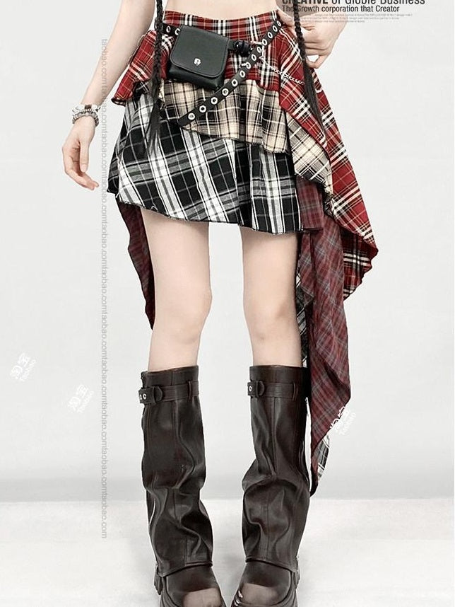 ReddaChic High Waist Street Asymmetrical Plaid Red S M L Casual Mini Dresses