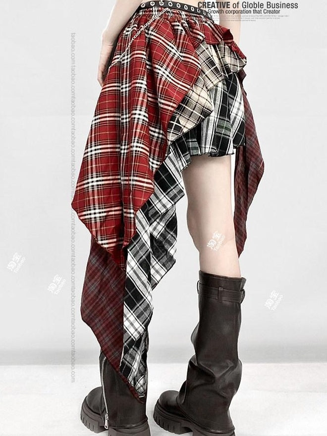 ReddaChic High Waist Street Asymmetrical Plaid Red S M L Casual Mini Dresses