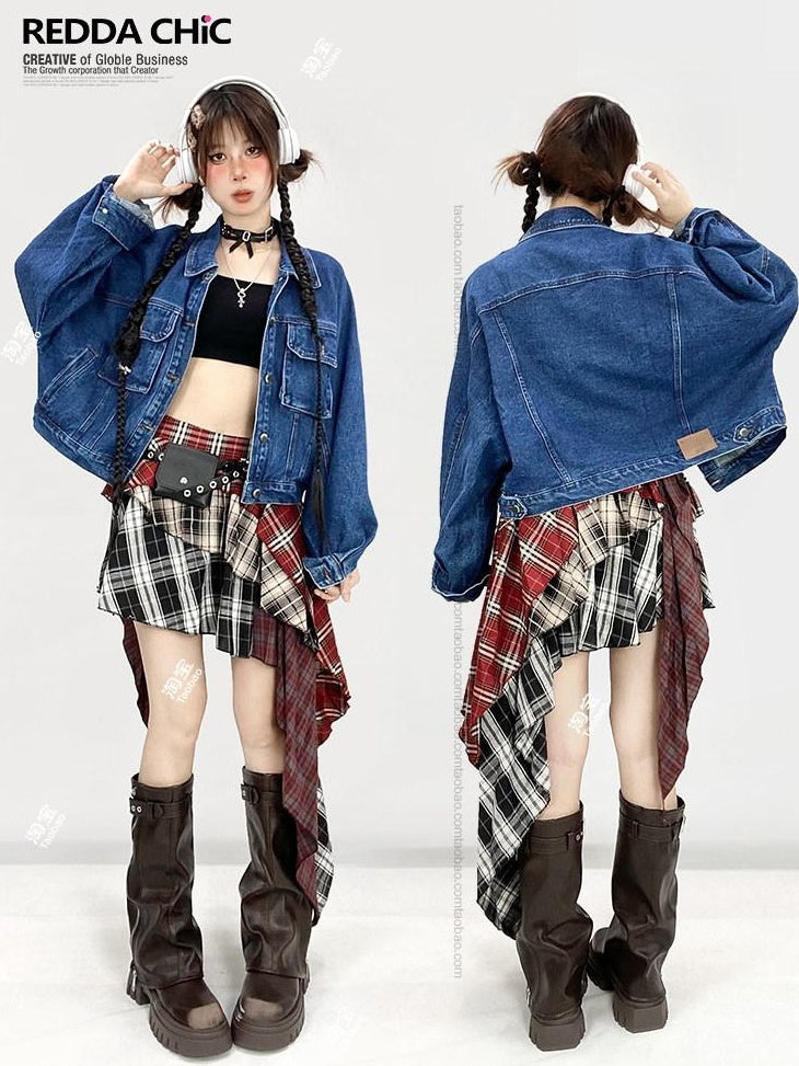ReddaChic High Waist Street Asymmetrical Plaid Red S M L Casual Mini Dresses