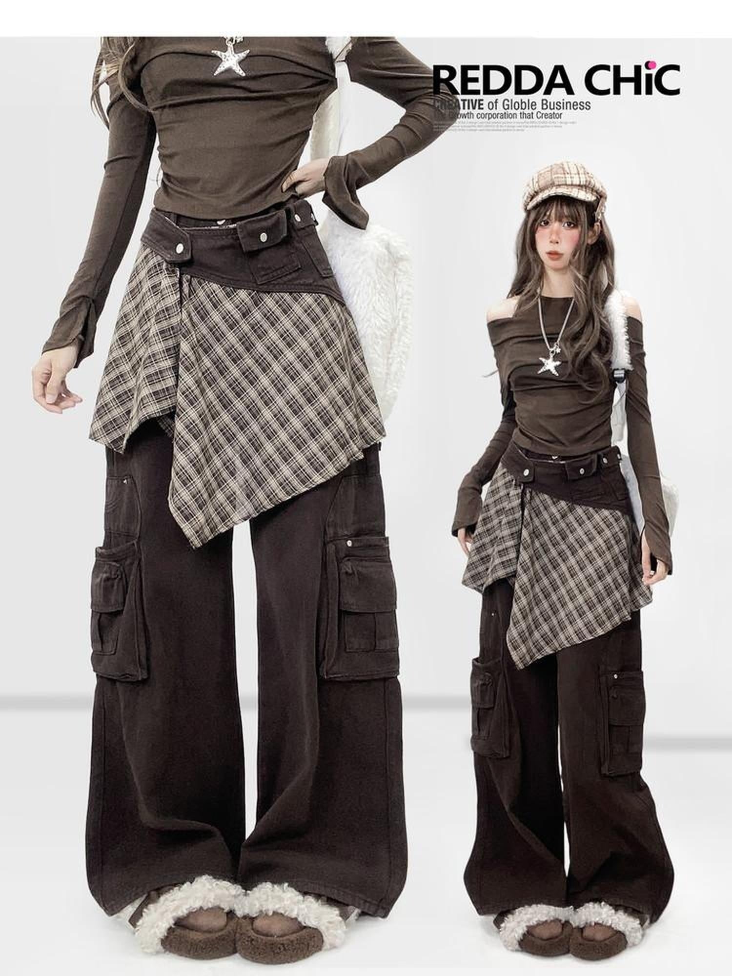 ReddaChic High Waist Thick Denim Patchwork Plaid Retro Wide Leg Women Coffee Flare Jeans