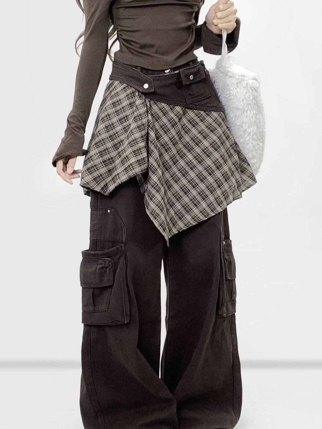 ReddaChic High Waist Thick Denim Patchwork Plaid Retro Wide Leg Women Coffee Flare Jeans
