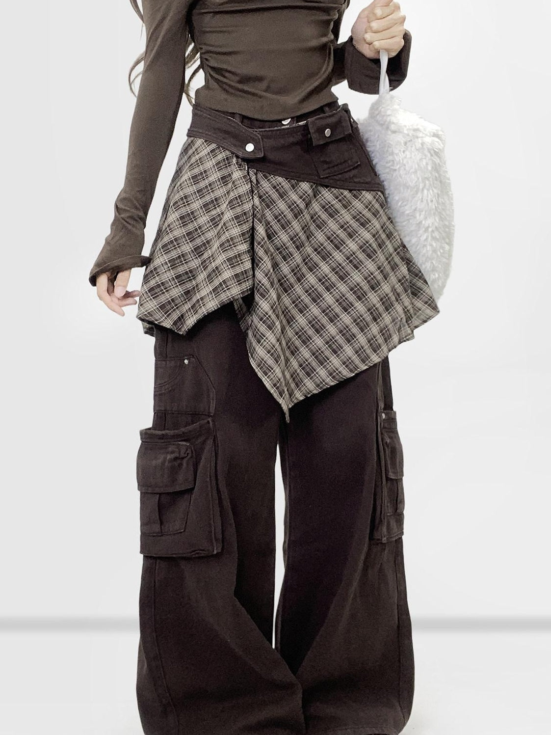 ReddaChic High Waist Thick Denim Patchwork Plaid Retro Wide Leg Women Coffee Flare Jeans