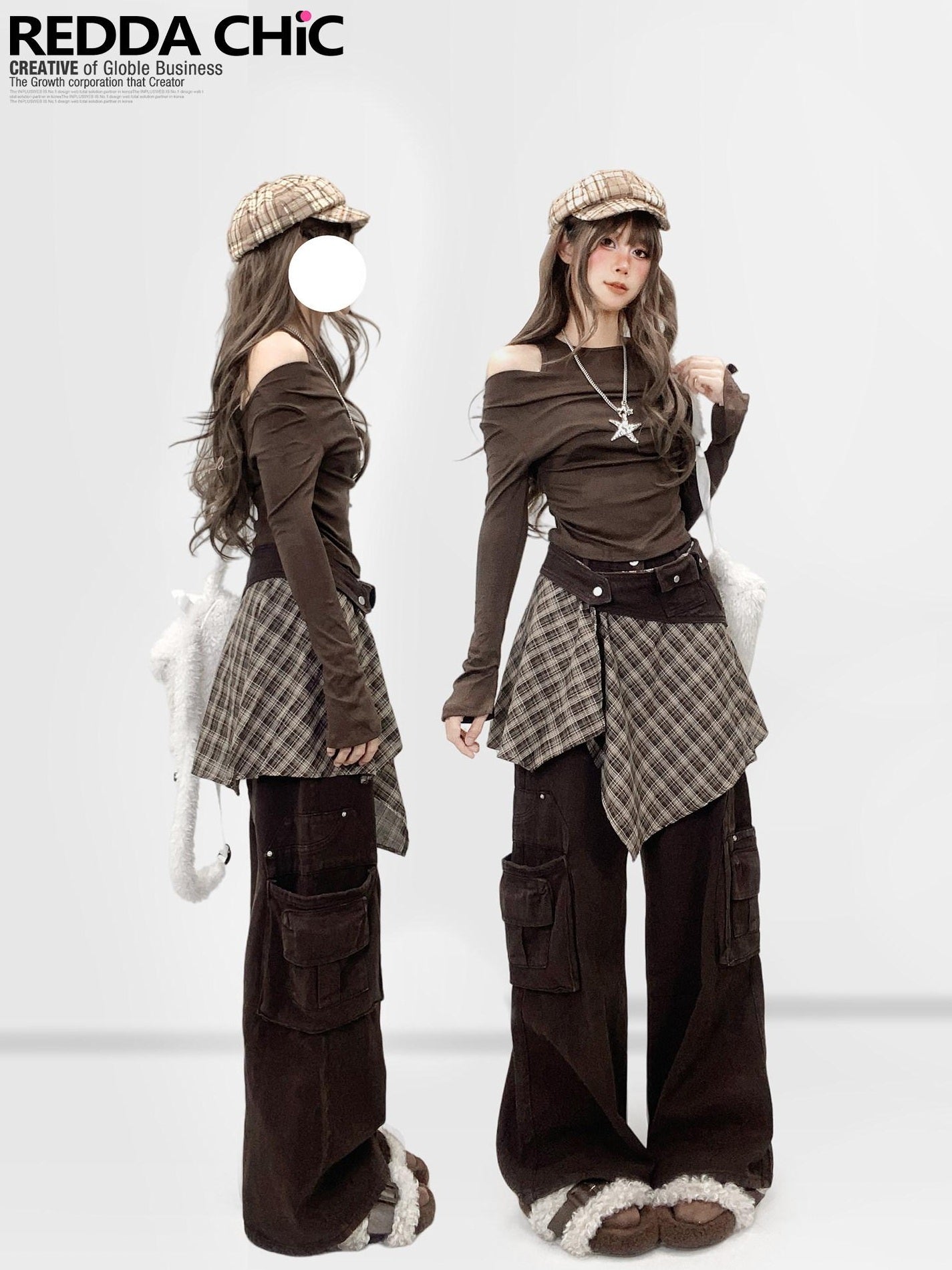 ReddaChic High Waist Thick Denim Patchwork Plaid Retro Wide Leg Women Coffee Flare Jeans