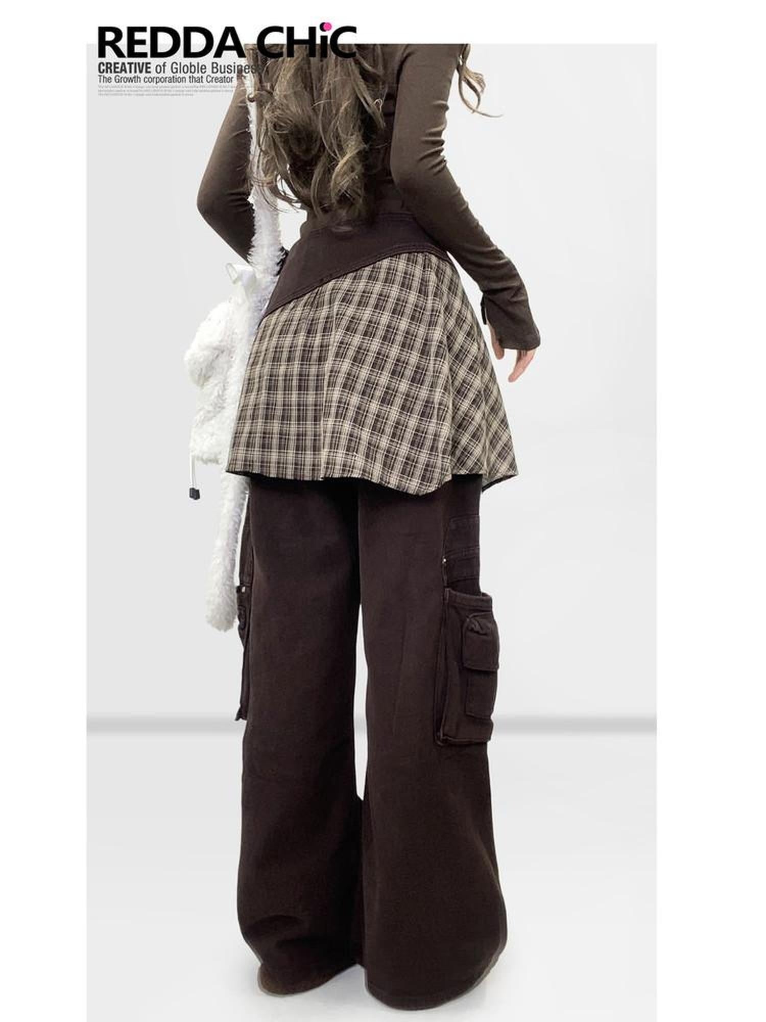 ReddaChic High Waist Thick Denim Patchwork Plaid Retro Wide Leg Women Coffee Flare Jeans