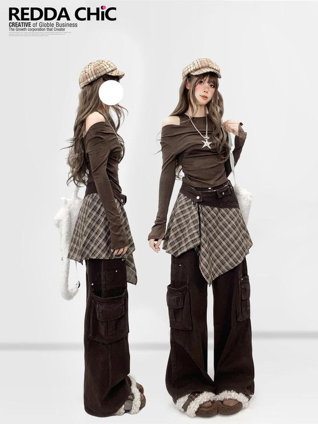ReddaChic High Waist Thick Denim Patchwork Plaid Retro Wide Leg Women Coffee Flare Jeans