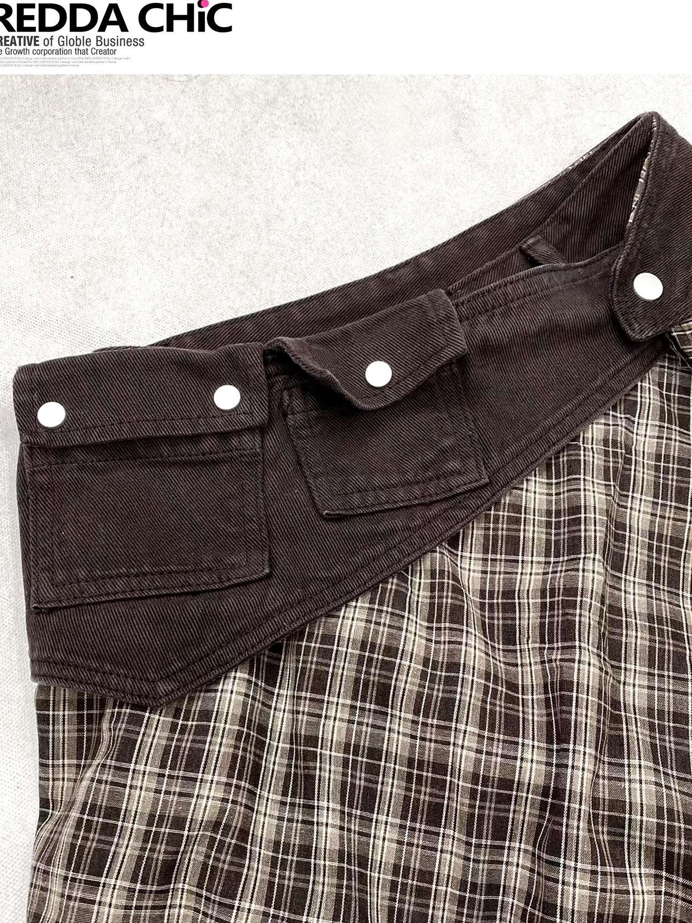 ReddaChic High Waist Thick Denim Patchwork Plaid Retro Wide Leg Women Coffee Flare Jeans