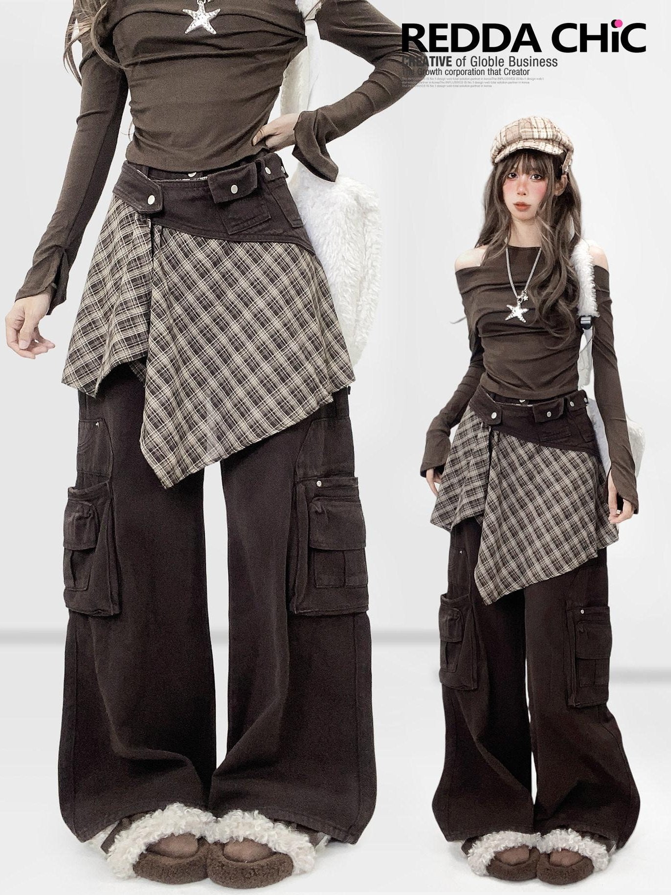 ReddaChic High Waist Thick Denim Patchwork Plaid Retro Wide Leg Women Coffee Flare Jeans